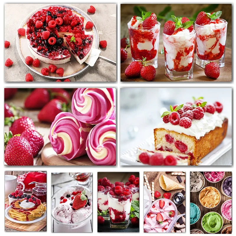 Ice Cream Cranberry Strawberry Waffle Pancakes with Berries Cakes Food Poster Wall Art Canvas Painting Kitchen Dining Room De