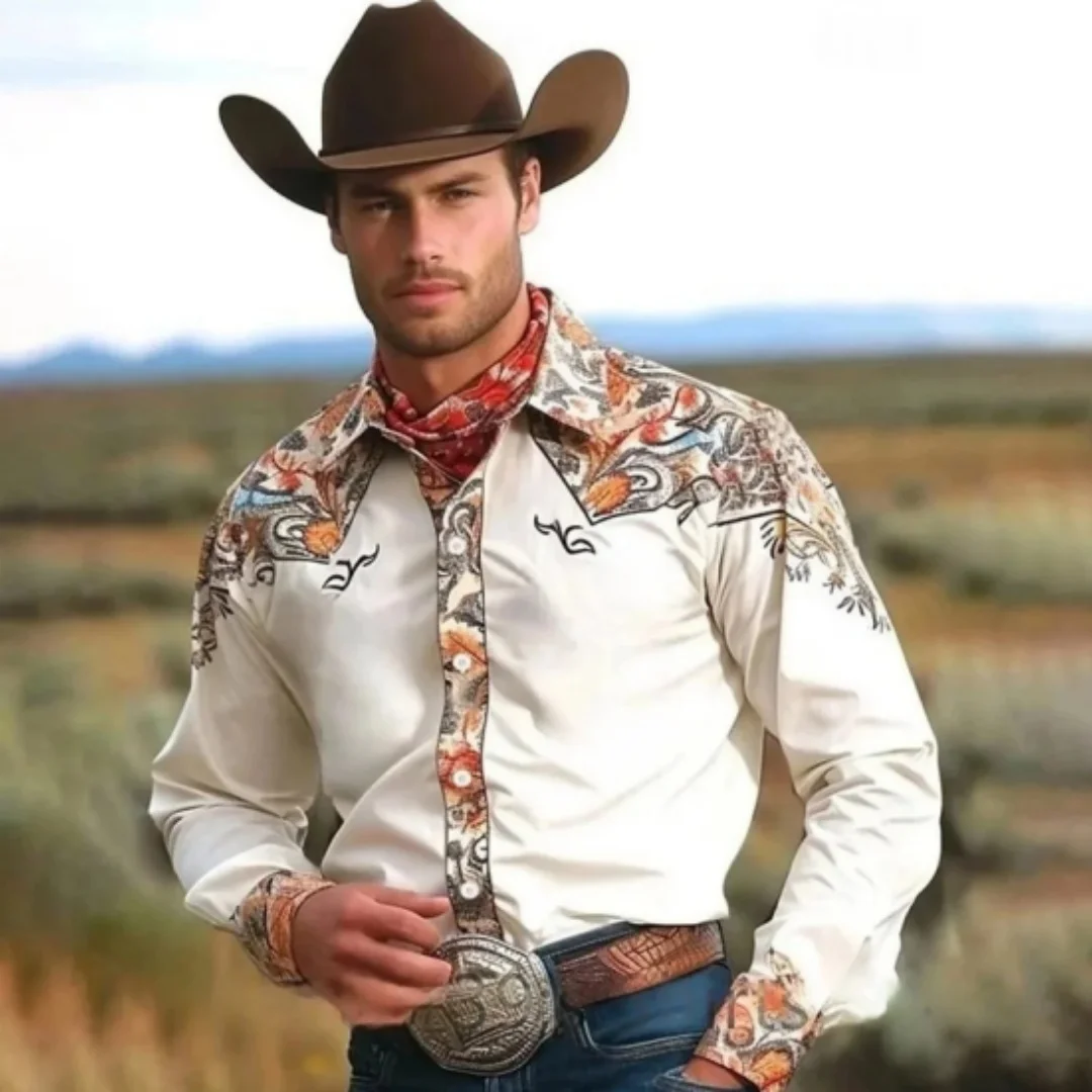 Men's retro western denim shirt, a must-have top for daily shopping, fashionable and casual lapel shirt, soft and comfortable