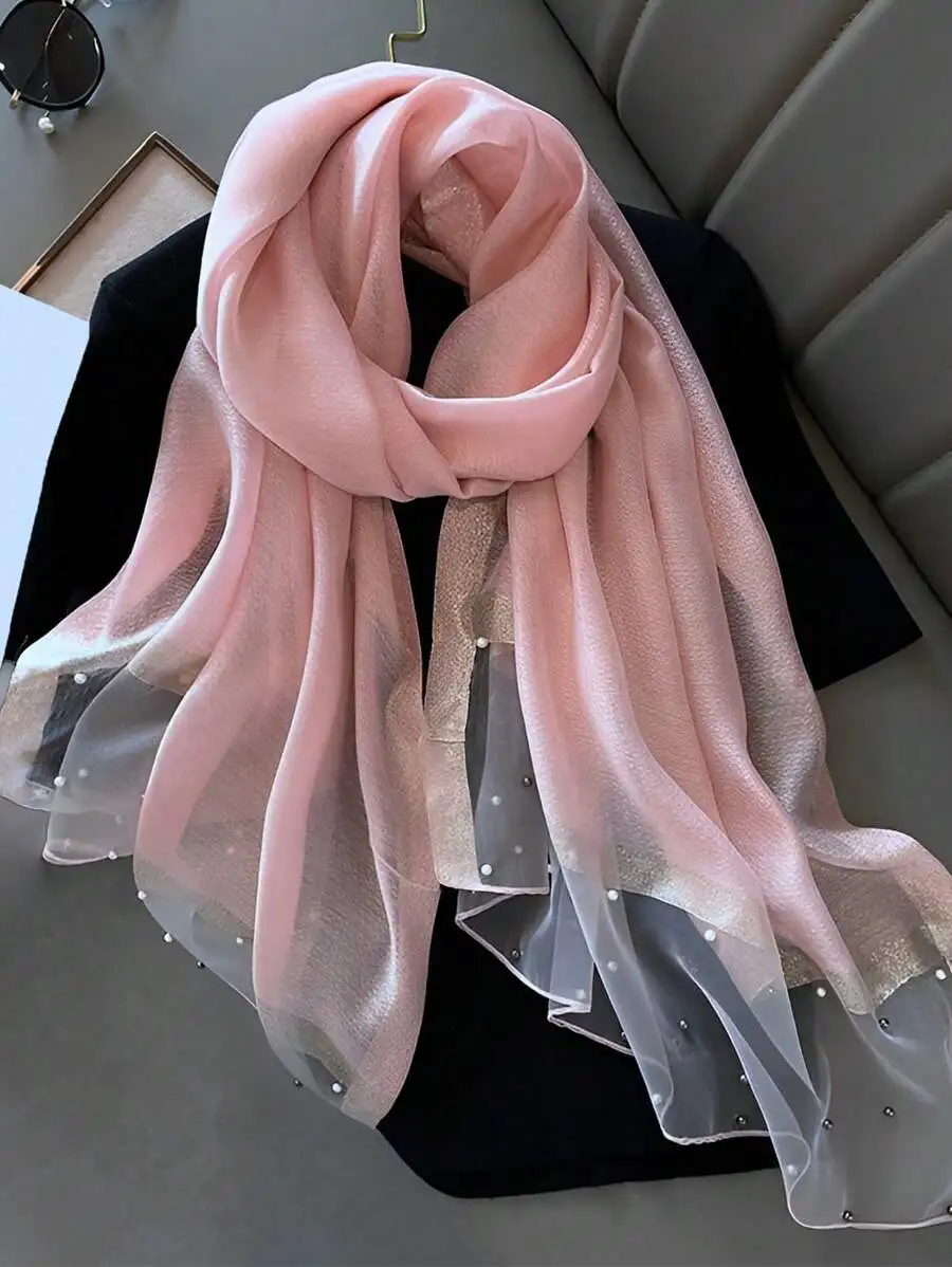 

Elegant Pink Faux Pearl Beaded Silk Wool Blend Scarf Shawl For Women Long Lightweight Summer Sun Protection Winter Warmth
