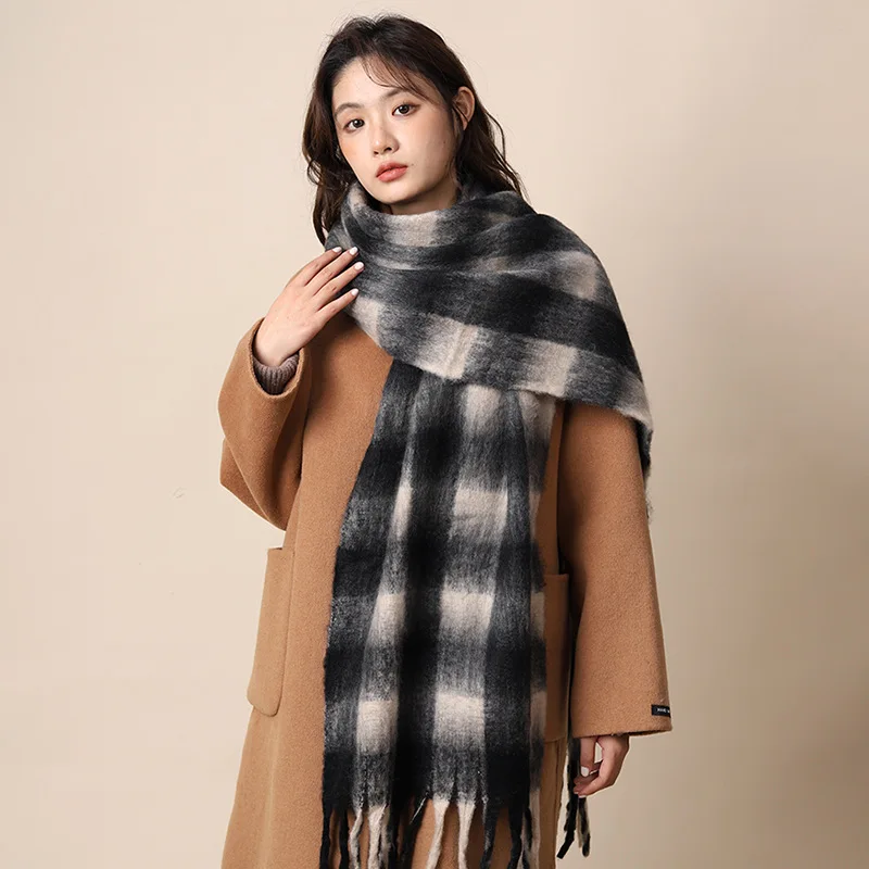 Plaid Large Scarf Thick Mohair with Tassels Windproof Warm Protective Versatile Winter Accessory for Women Men as Shawl