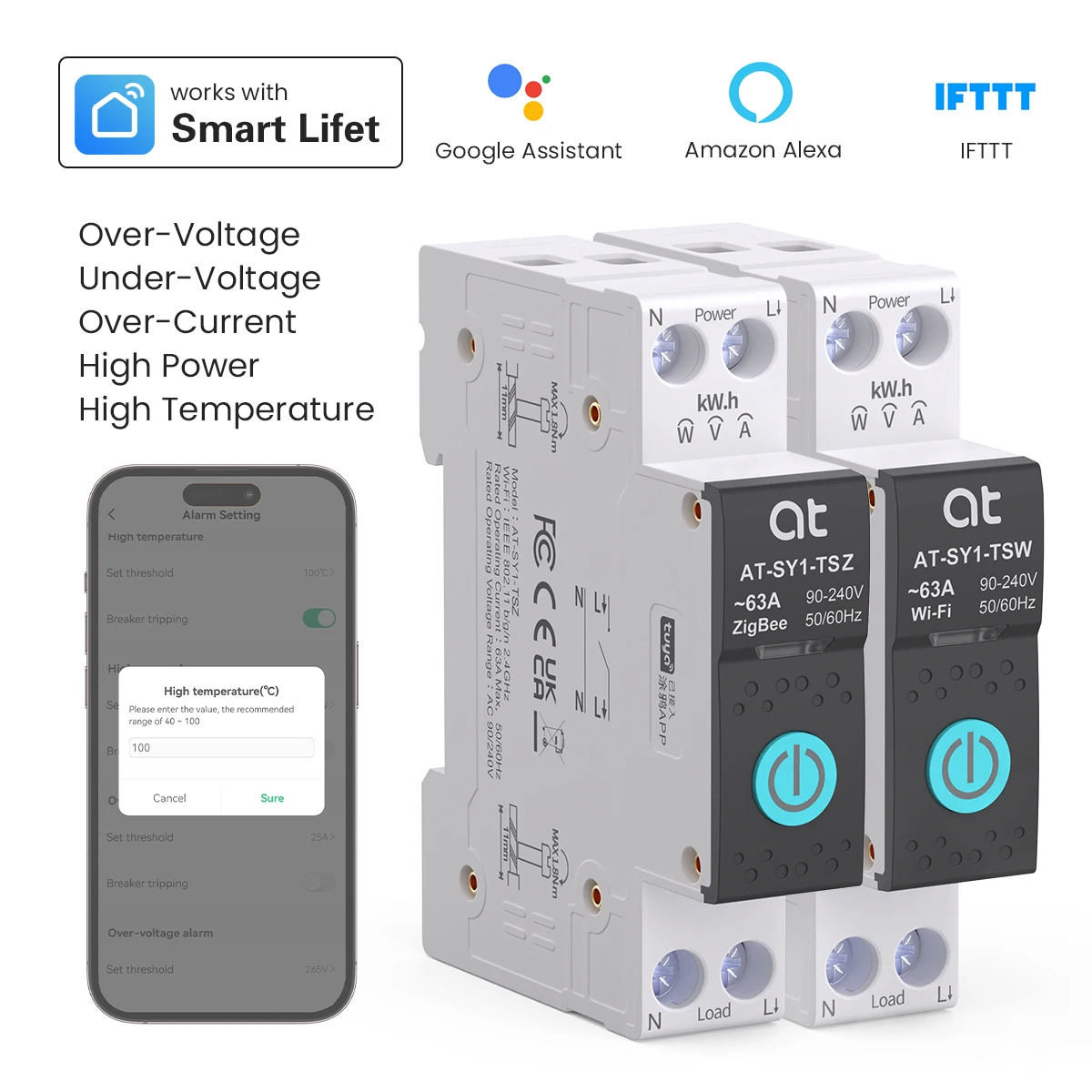 Disjoncteur intelligent WIFI TUYA, mesure de puissance 1P 63A, télécommande sans fil pour maison intelligente, commutation intelligente pour application sur Rail DIN ATELE