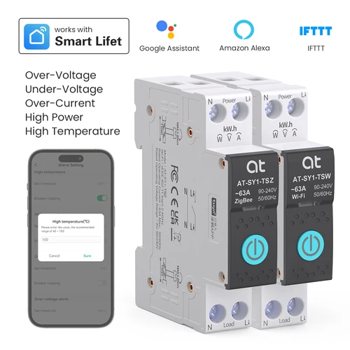 TUYA-disyuntor inteligente WIFI, medición de potencia, 1P, 63A, Control remoto inalámbrico para hogar inteligente, conmutador inteligente para aplicación de carril DIN ATELE