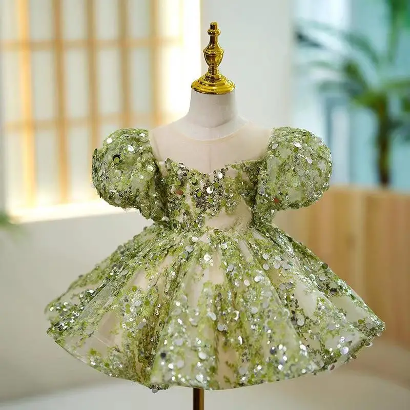 3-10 year old girl green children's dress light luxury host princess skirt sequins show girl piano performance service