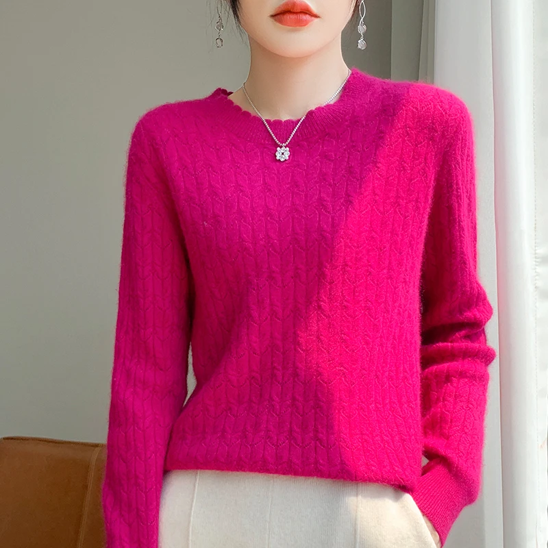 Luxurious Round Neck Wool Sweater For Women\'s Solid Color Fashionable  Versatile Cashmere Knit Pullover Warm Wool Knitted Top