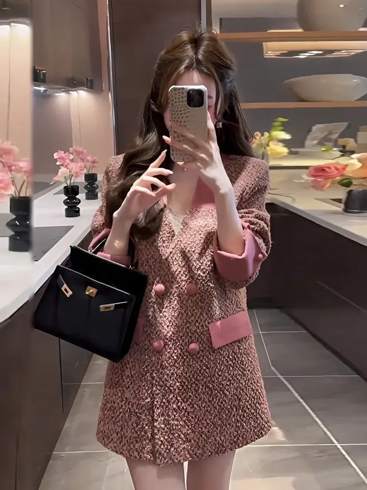 

Женский корейский розовый твидовый блейзе в стиле ретро с маленькими ароматными лацканами и вставками, элегантный роскошный двубортный модный топ для женщин