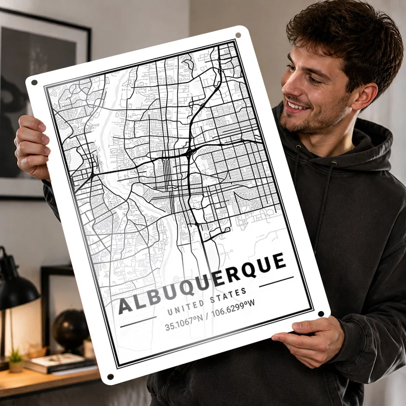 Albuquerque Aluminum Posters Customized Metal Tin Sign Minimalist Travel Map Wall Art For Study Lounge Or Geography Enthusiasts