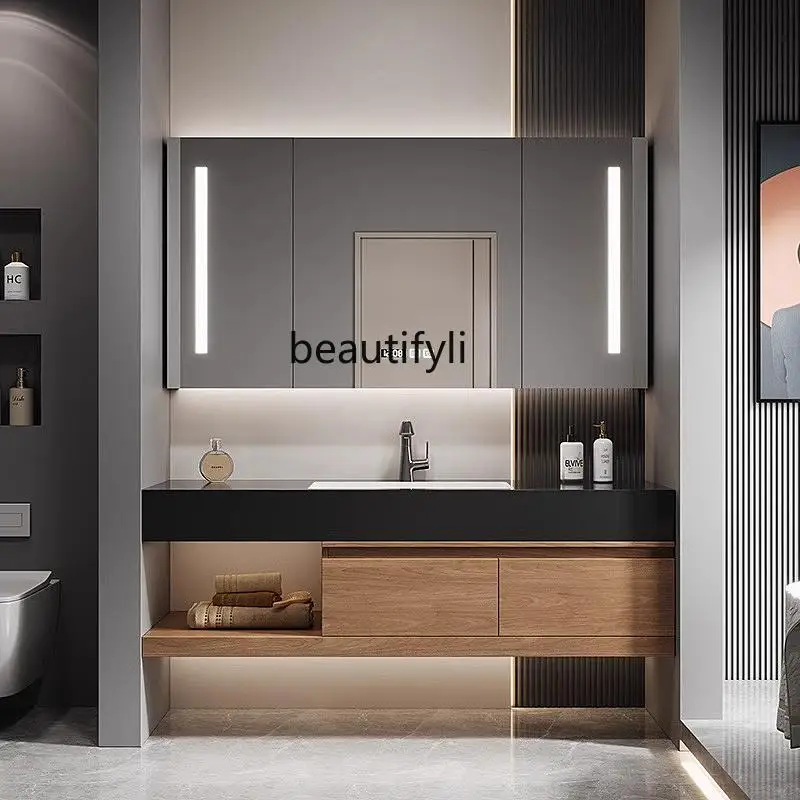 

Light luxury, rock slab seamless ceramic integrated basin bathroom smart mirror cabinet bathroom cabinet