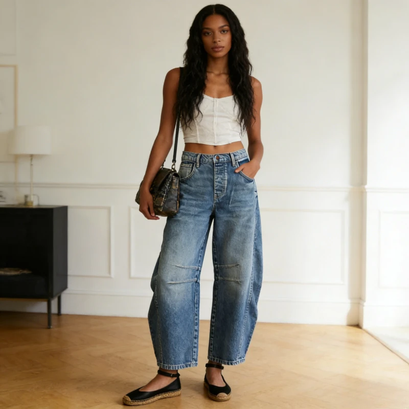 

Women Jeans Denim Wide Leg Pants Ankle Length Washing Pockets Mid Waist Distressed Spliced High Street Solid Loose Fit 2026