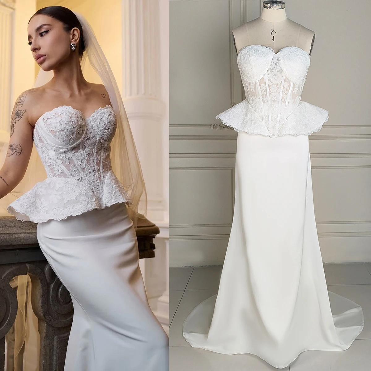 Ivory Sweetheart Lace Sheer Corset Bridal Gowns Modern Customized Fit and Flare Satin Skirt Brush Train Two Pieces Wedding Dress