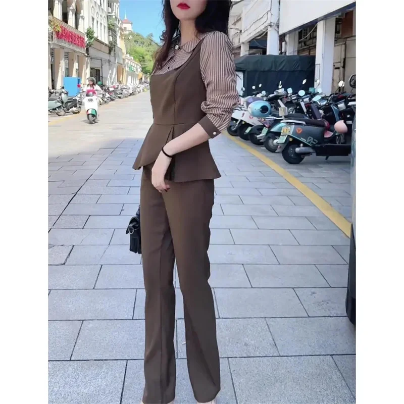 2024 Spring and Autumn New Fashion Ladies Set Retro Slim and Age-reducing Stripe Spliced Top Straight Pants Two-piece Suit Woman