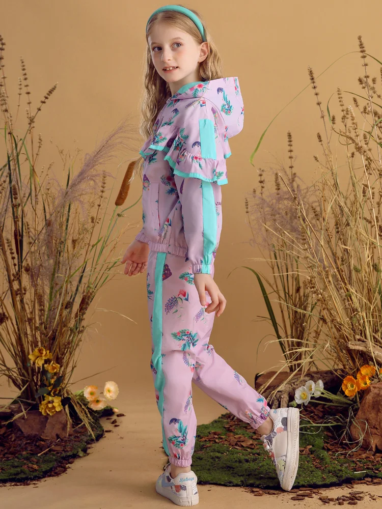 Girls Printed Two Piece Pant suit Long Sleeve Pleated Ruffles Casual Sweet Jacket and Trouser