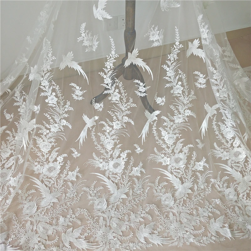 

Embroidered Birds and Flowers Sequin Lace White Handmade Wedding Dress Fabric Background Accessory DIY Curtain Material
