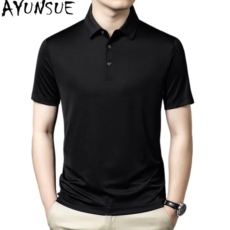 AYUNSUE High-end 92.4% Real Mulberry Silk Polo T Shirt for Men Summer Top Casual Short Sleeve Tee Shirt 2026 Polos De Hombre