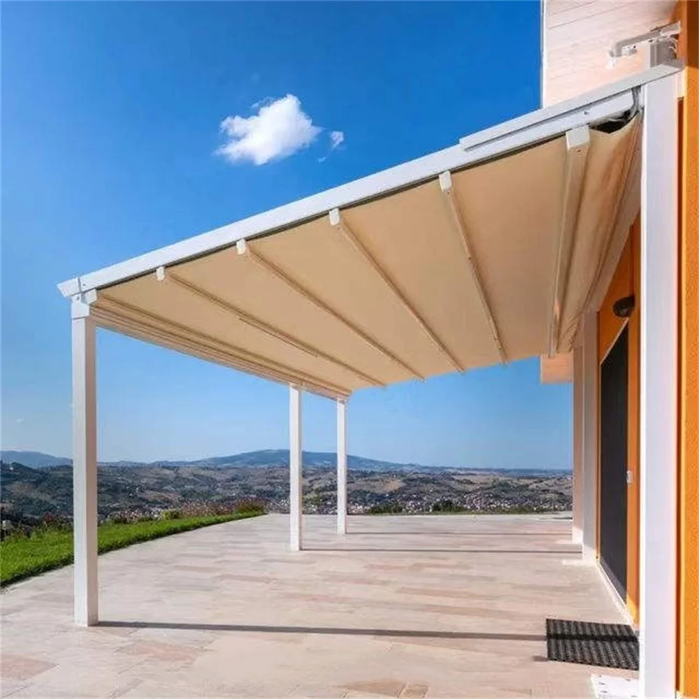 Aluminum frame PVC farbric roof motorized waterproof sunproof retractable pergola awning folding awnings with LED patio Cafe