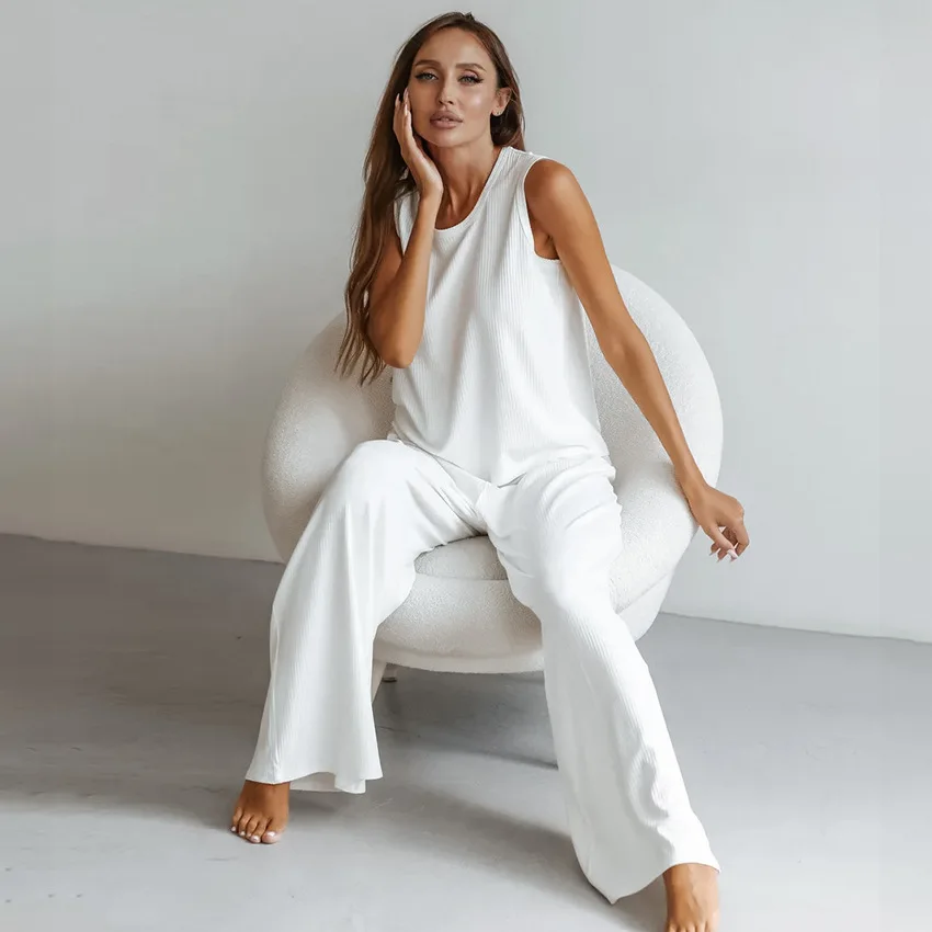 Pajama Sets Women Vest Pant Suit Sleepwear Nightwear Homewear Casual Sleeveless Waistcoat Elastic Loose Waist Pants Female