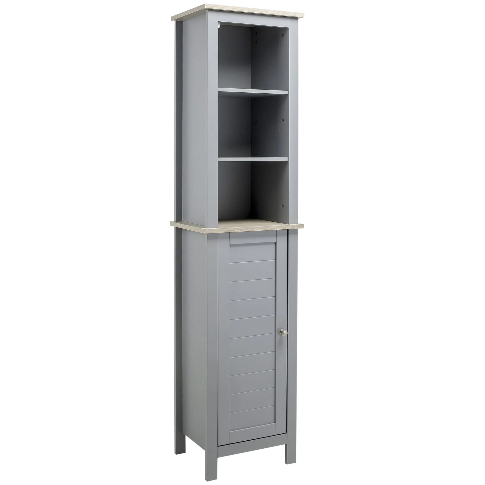 Kleankin Tall Bathroom Storage Cabinet with 3 Tier Shelf, Door, Free Standing Linen Tower, Slim Side Organizer, Grey