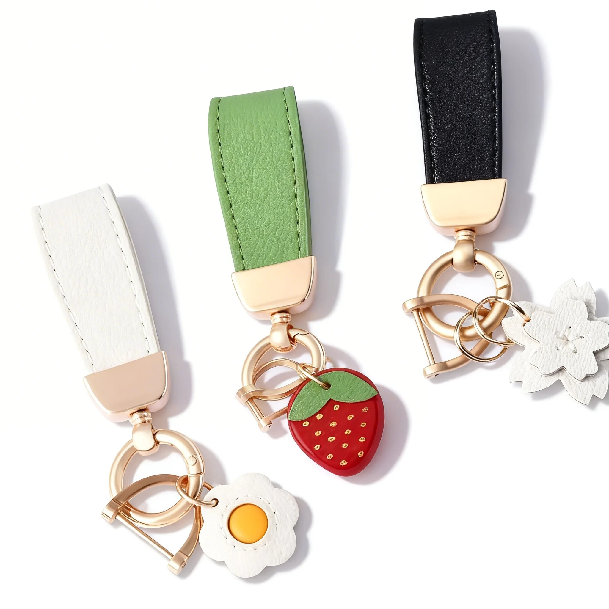 Fruit Bracelet Keychain Pendant, Leather Keychain for Women and Men, Gold and Silver Buckle, Car Keychain, Bracket Keychain
