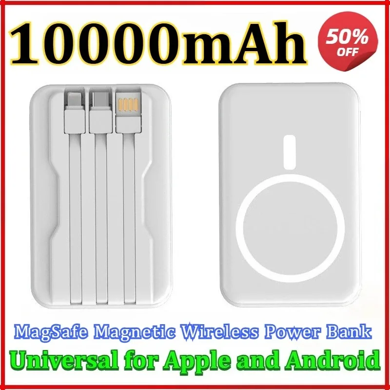 

10000mAh Magnetic Wireless Fast Charger Power Bank Portable for Apple Android Universal Built-in Cable Mobile Power
