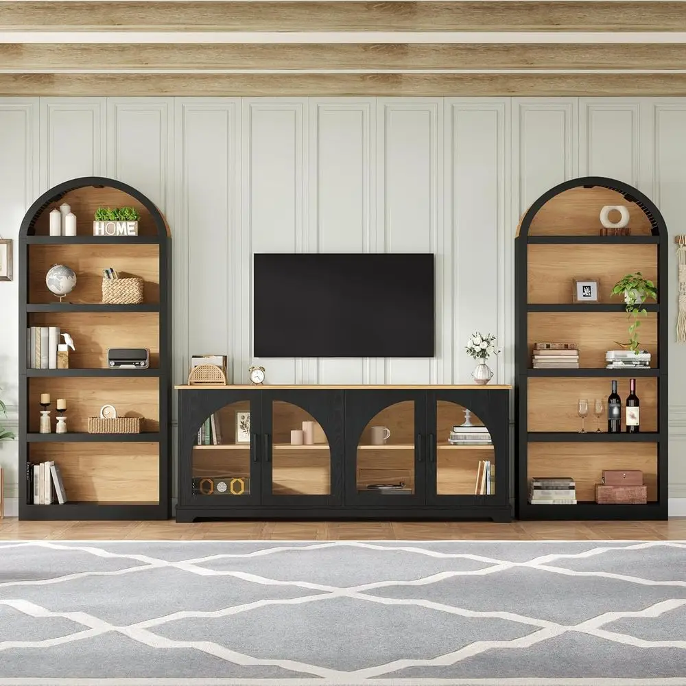 

Retro 3-Piece TV Stand with Bookshelf, 70 TV Entertainment Center, Tempered Glass Media Cabinet for Living Room in Black
