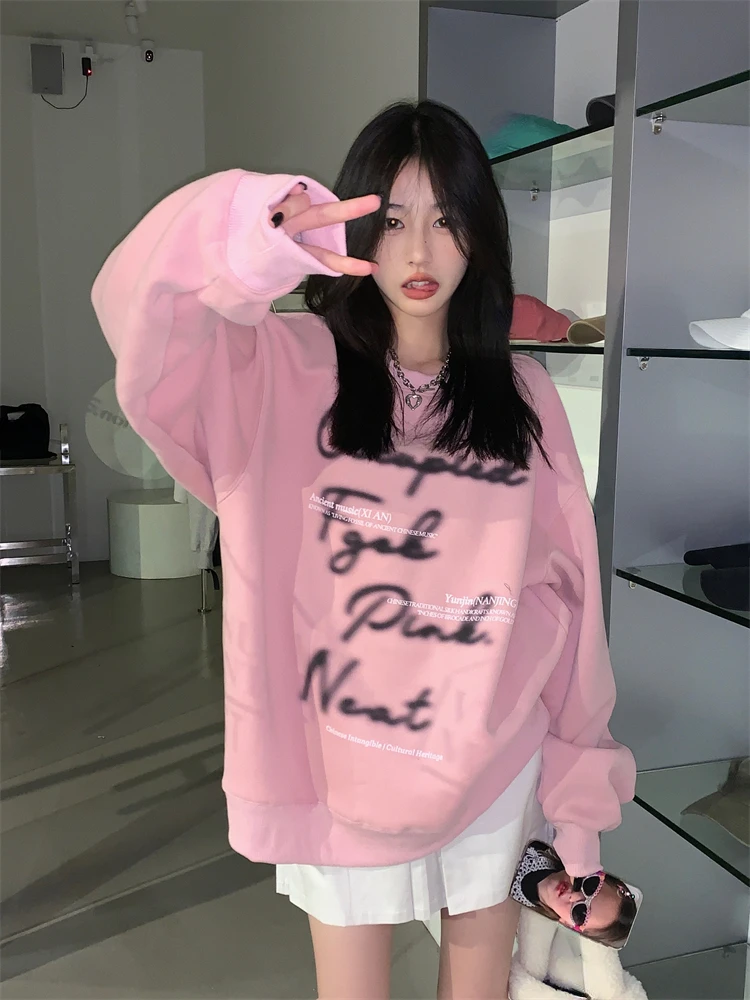 KOSAHIKI Casual Loose Pink Hoodies Women All Match Letter Print O-neck Sweatshirt Y2k Aesthetic Korean Fashion Harajuku Sudadera