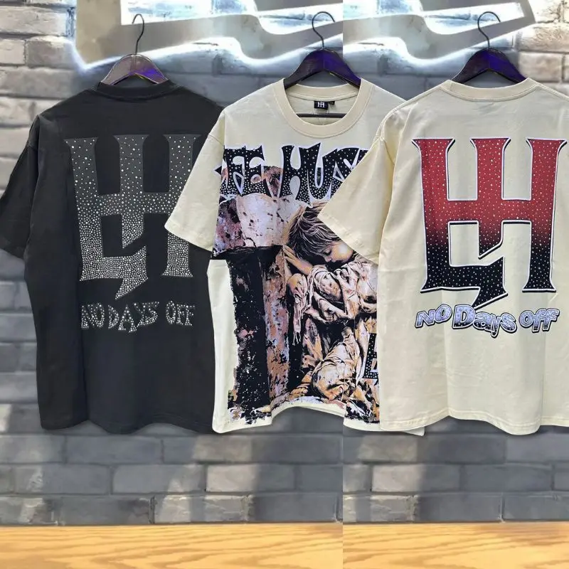 26ss Summer Life Hustlers Tshirts Prayer Angel Printed Hot Diamond Cotton Round Neck Short Sleeve Men Women Street Outfit Tops