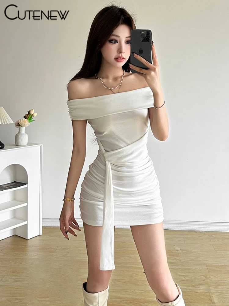 Mini vestido feminino cutenew fora do ombro, camisa de verão bandagem, bodycon básico da tendência de rua selvagem, meninas clássicas