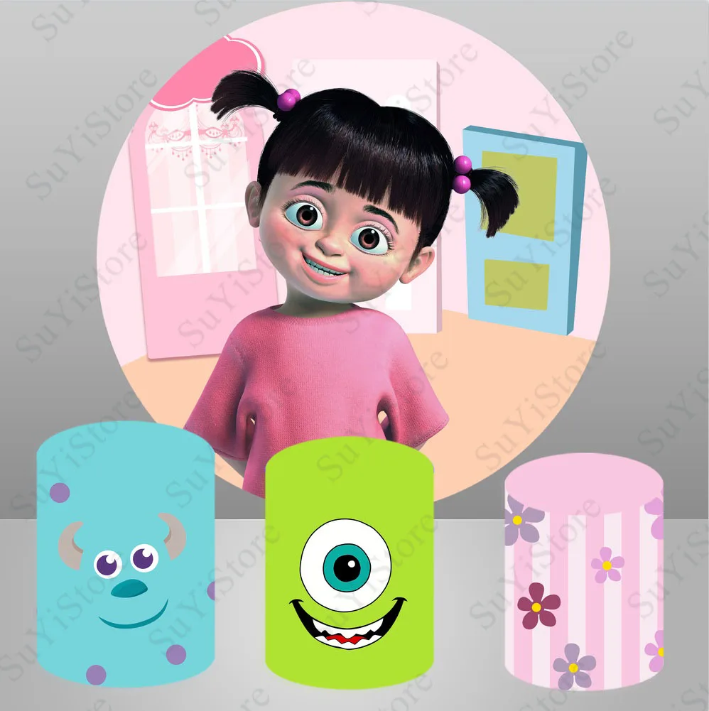 Monsters Inc Round Photography Backdrop Boo With Twin Ponytail Birthday Party Circle Photo Background Booth Plinth Covers