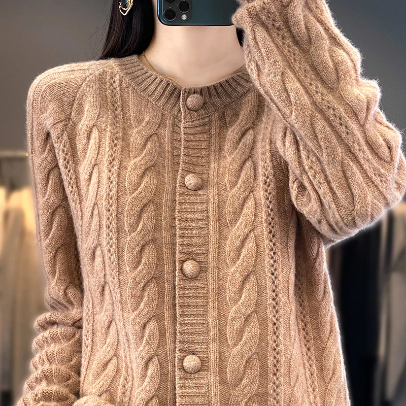 100% Wool Cardigan Women\'s Autumn And Winter New Plus Size Twist Coat High-End Sweater Round Neck Sweater Shirt Loose Thick Coat