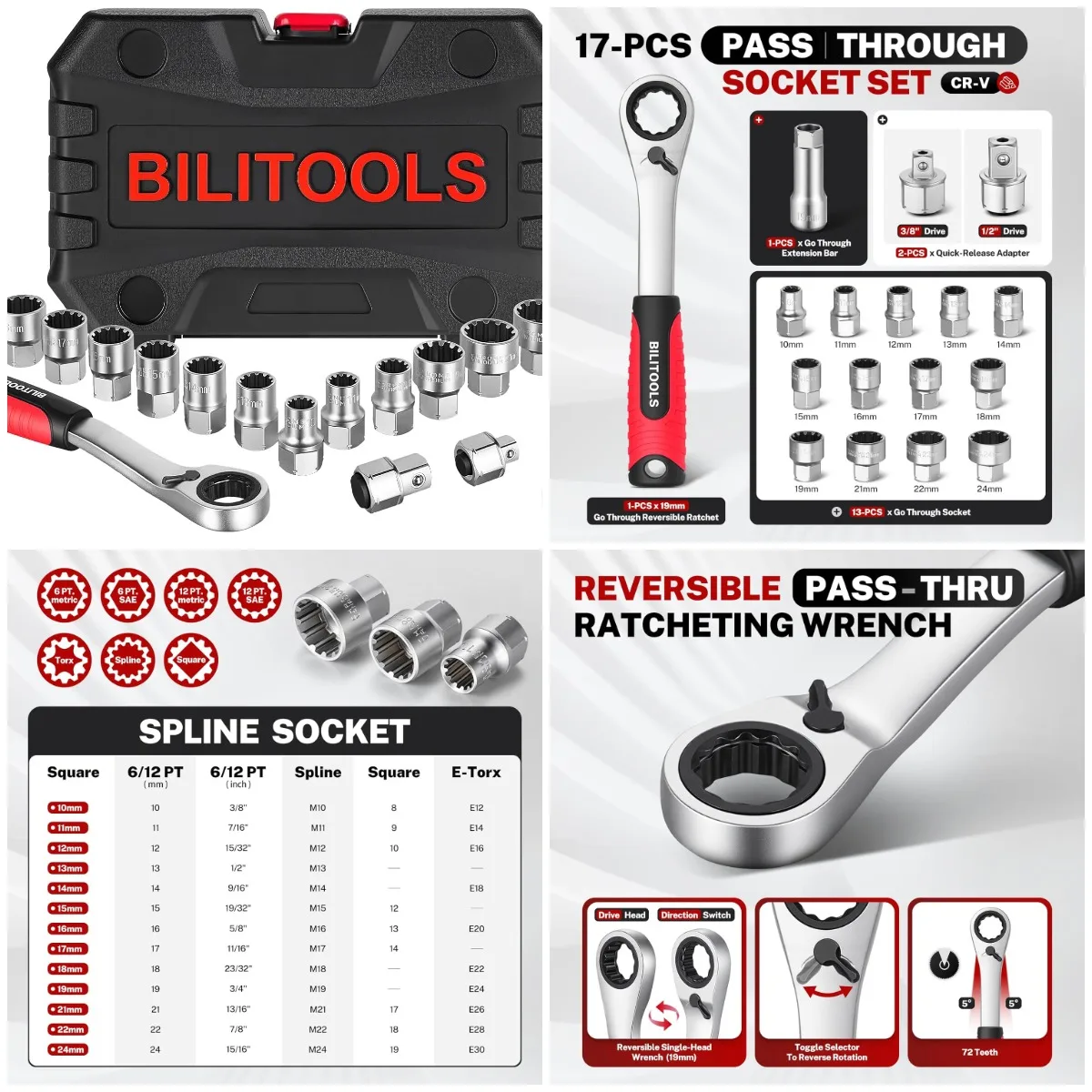 

17PCS 3/8' & 1/2' Pass-Through Socket Set, 2-in-1 Ratchet Converter for Hex, Square, E-Torx, Spline