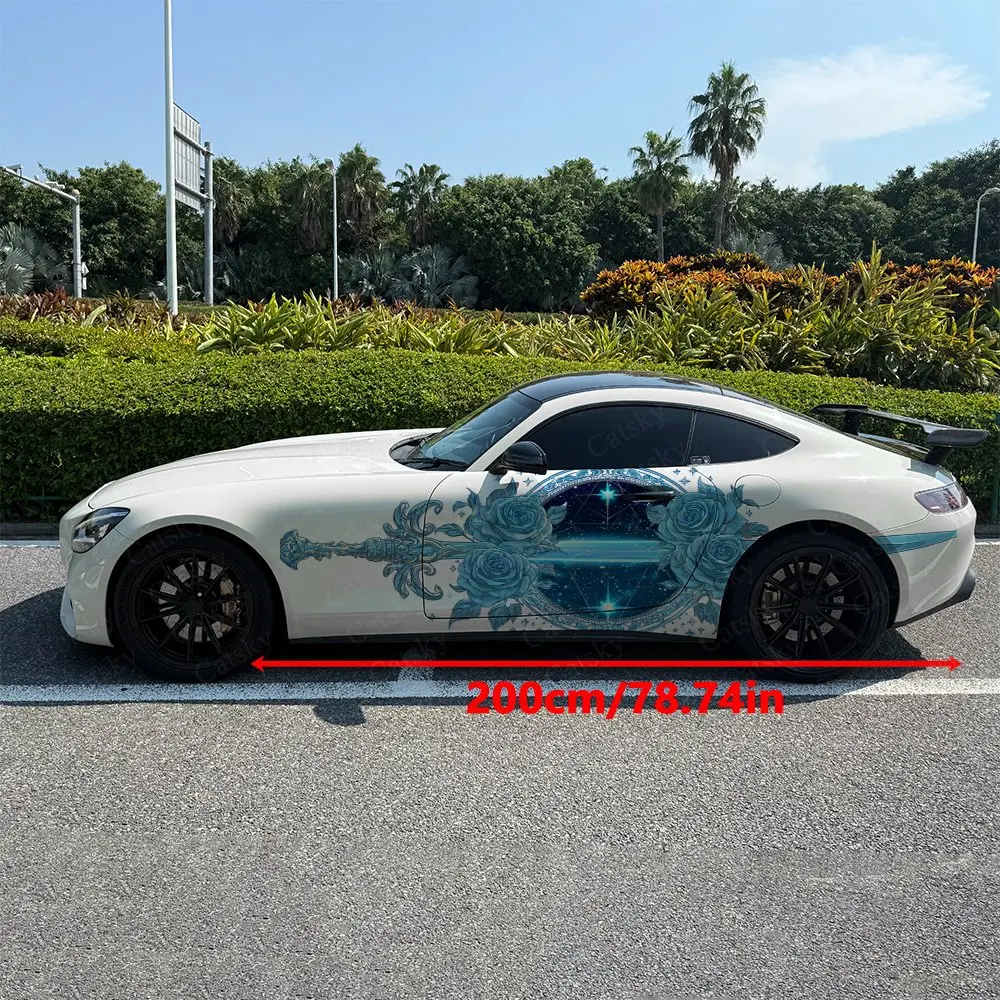 2pcs Gilded Blue Rose Holy Sword Car Side Wraps, Self-Adhesive PVC Waterproof & Scratch-Resistant Stickers, Car Accessory Gift