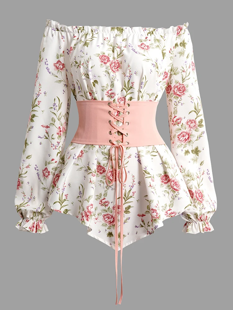 2024 New Women Matching Set Floral Print Corset Belt Asymmetric T Shirt And Solid Ruffle Bowknot Tie Capri Pants Outfit