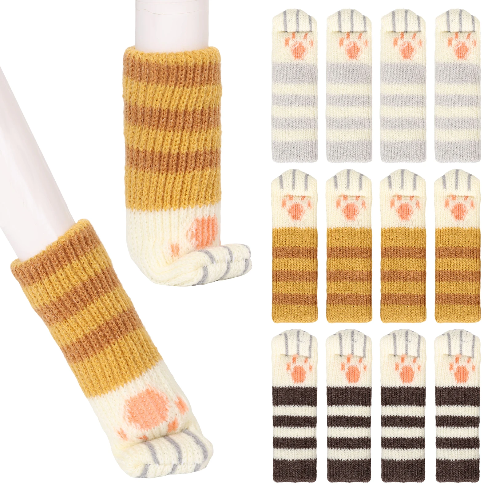 12Pcs Non-Slip Wear Cute Cat Paw Table Chair Foot Leg Knit Cover Protector Socks Sleeve Protector Chair Leg Table Foot Socks