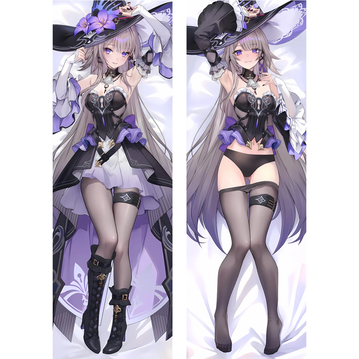 Anime Witch Hat Purple Flower Black Dress Uneven Boots Girl Dakimakura Pillowcase Double Sided Long Body Pillow Cover