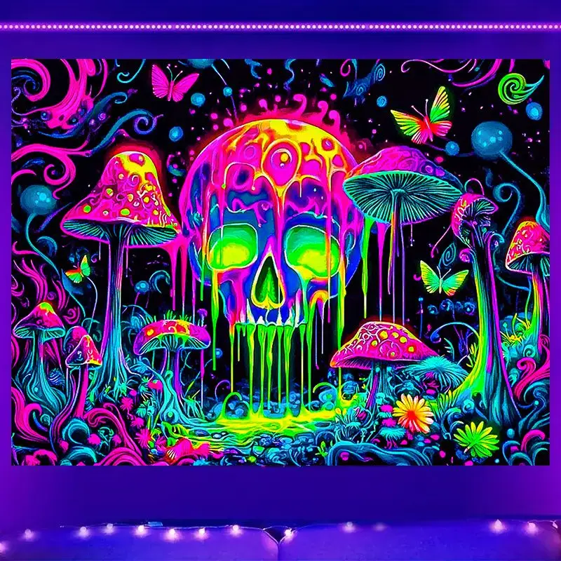 VIKAMA Trippy Skull Wall Tapestry Psychedelic Mushroom Neon Pattern For Living Room Bedroom Surreal Wall Cloth Home Decor