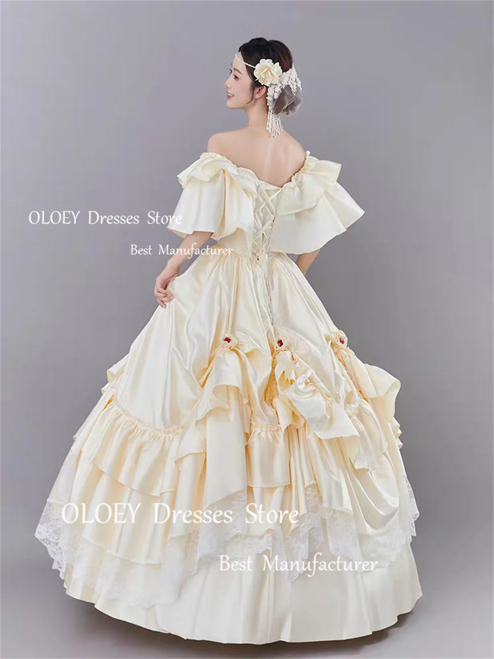 OLOEY Exquisite Off The Shoulder Quinceanera Dresses Photoshoot Prom Dresses Tiered Taffeta Crystal Lace Ruffles Evening Dresses