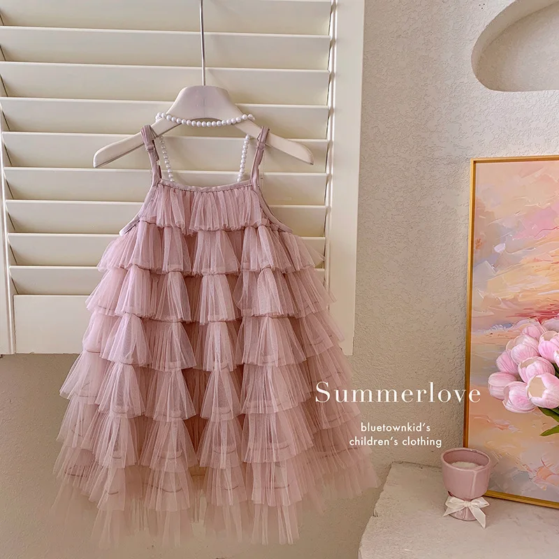 

Girls' Dress Summer New Vacation Seaside Children's Cake Strap Fashion and Solid Color Kids Beach Dress
