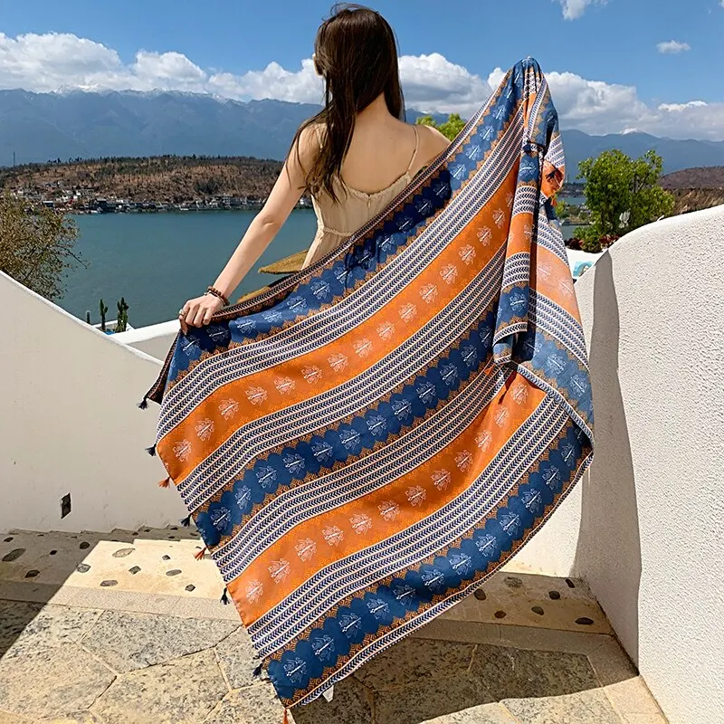 Women Shawl Travel Ethnic Style Cotton Linen Sun Protection Beach Cape Desert Sun Protection Cape Sun Protection Scarf Silk