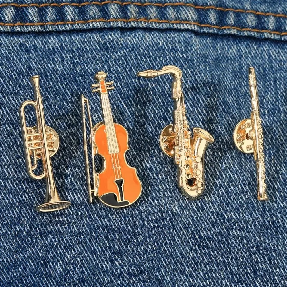 4Pcs Alloy Enamel Brooches Musical Instruments Brooches Trumpet Clarinet Saxophone Violin Shaped Lapel Pins Backpacks Decoration