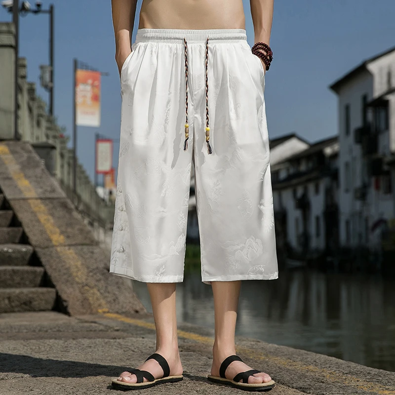 

Ice Silk Men's Casual orts Thin Embroidered Straight Leg Seven-Foot Pants Summer Faion Urban Sle Loose Fit Comfortable