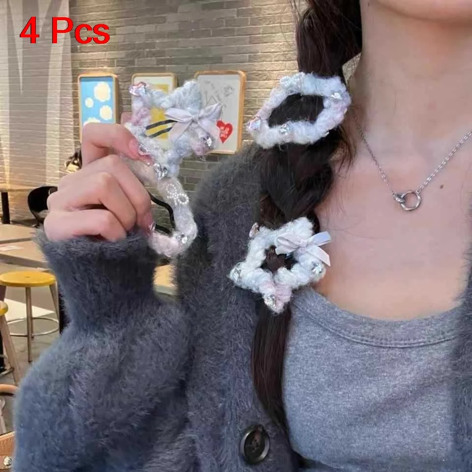 

4 Pcs Ladies' Hair Clips Set Korean Cute Star Cloud Kawaii Sweet Rhinestone Bow BB Clips Plush High-quality Hair Accessories