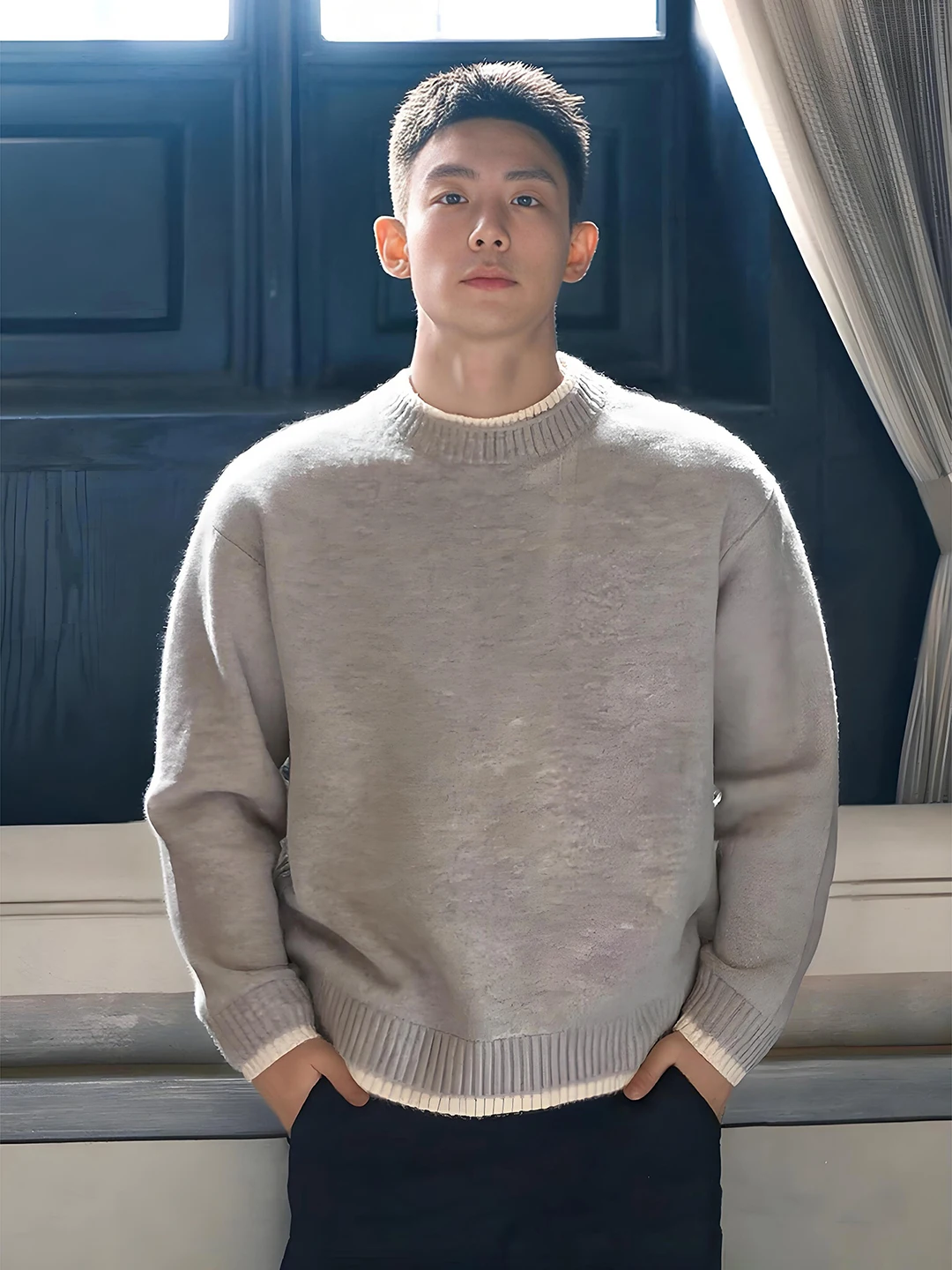 

Утепленный мужской свитер с круглым вырезом для осени и зимы, плотный, для ношения в помещении и на улице, модный городской стиль