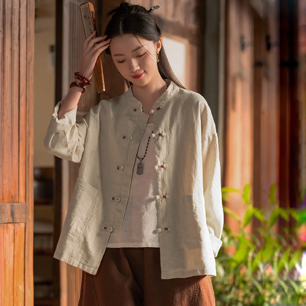 Bamboo Cotton Linen Women's Retro Disc Button Comfortable Jacket Short Coat Long Sleeve Chinese Style Loose Tang Suit Blouse