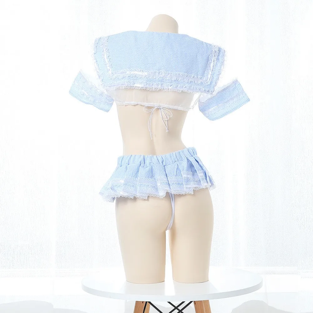 Cute Girl Anime Lace Ruffle Sailor Crop Tops Mini Plaid Skirt Cosplay Lingerie Student Lolita Japanese School Uniform Dress