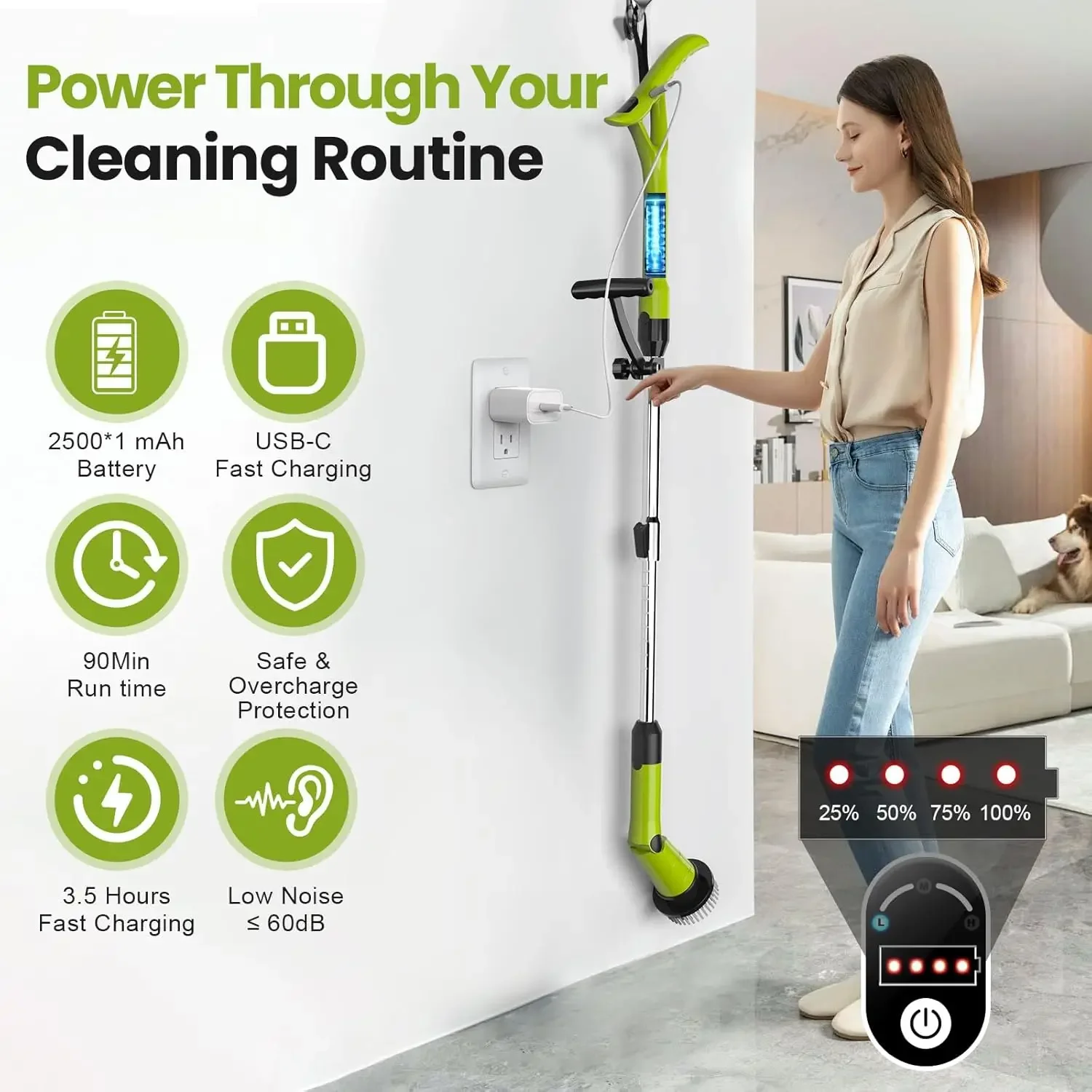 Cordless Spin Scrubber, Escova de limpeza a bateria, Escova de chuveiro com 8 cabeças substituíveis, 3 configurações ajustáveis