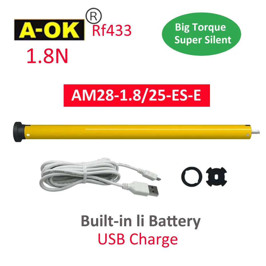 A-OK AM28 1.8/25 Rolling Tubular Motor,via RF433 Remote,Built-in Battery,for Rolling/Roman Curtain/Sun Blinds,Dia. 38mm Tube,USB