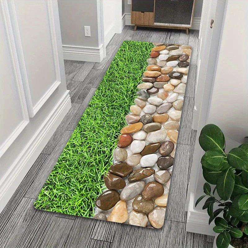 Stylish 3D Green Lawn Pebble Split Themed Long Mat, Non-Slip Washable Durable Rug for Home, Office, Dorm, Apartment & RV
