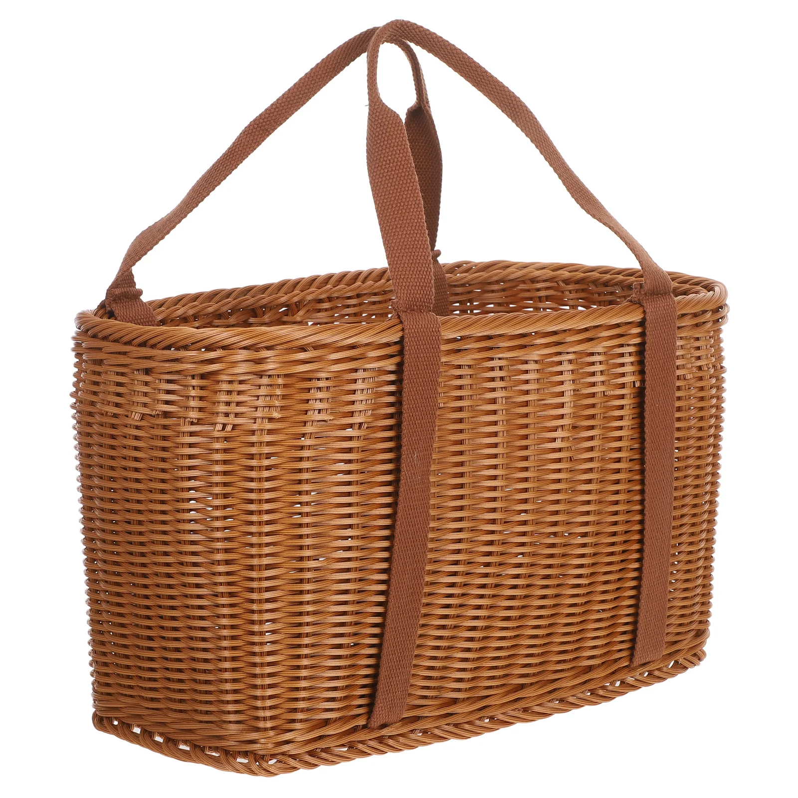 

Boho Woven Storage Basket Plastic Fabric Lightweight Rectangle Rustic Shopping Basket Handles Picnic Fruit Vegetable Tote