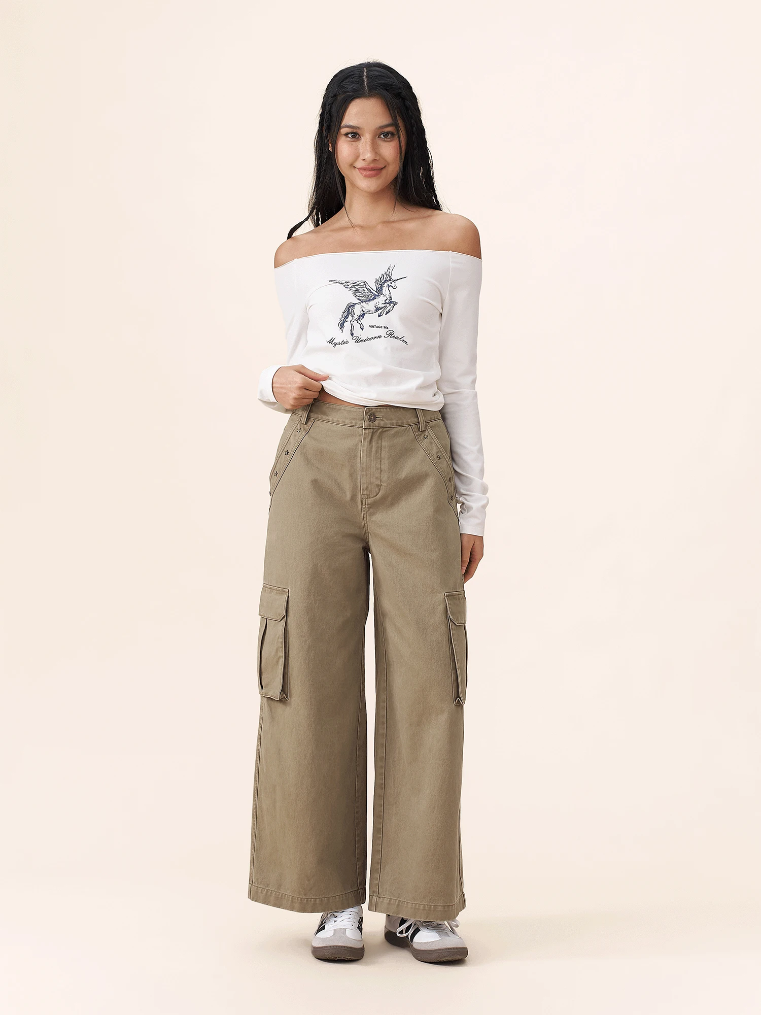 

Yescci American Retro Wide Leg Pants Khaki Color Small Size Versatile Loose Workwear Trousers S564055 Faionable Utili P...