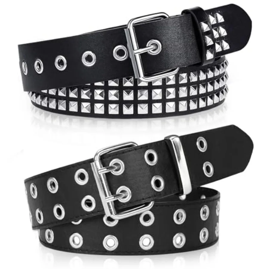 

Black Studded Belt, 2 Pcs Y2K Belt Metal Punk Rock Double Grommet Belts with Bright Pyramid Studded for Women Men
