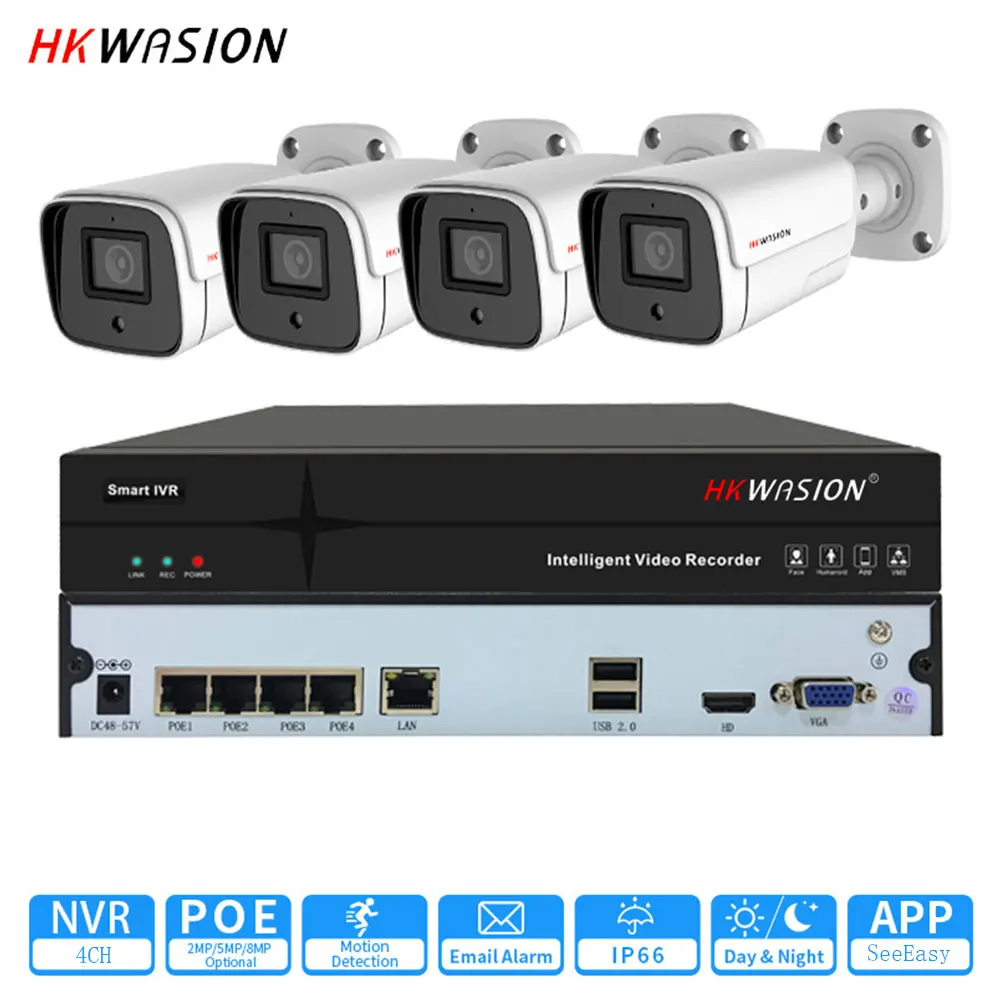 

Комплект системы камер безопасности HKWASION POE H.265AI 4CH 2MP 5MP 8MP 2K 4K Запись звука IP Открытый водонепроницаемый видео видеонаблюдения